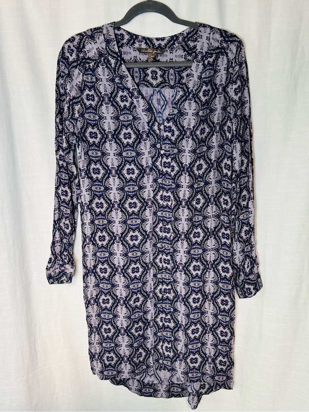 Charlie Jade Lilac &‎ Navy Mosaic Tile Printed Long-Sleeve V-Neck Tunic Dress